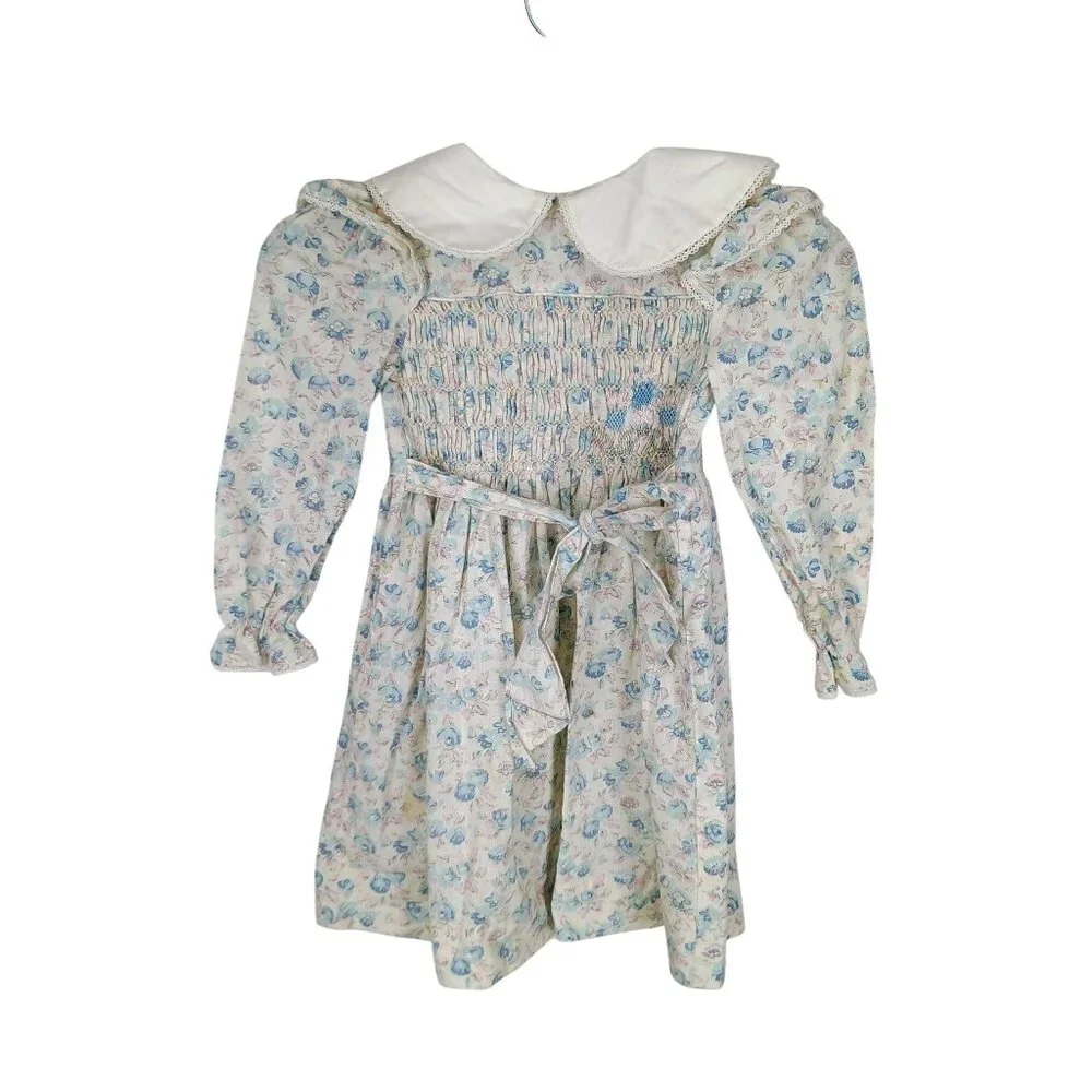 Polly Flinders Long Sleeve Floral Vintage Smocked Girls Size 5 Dress
